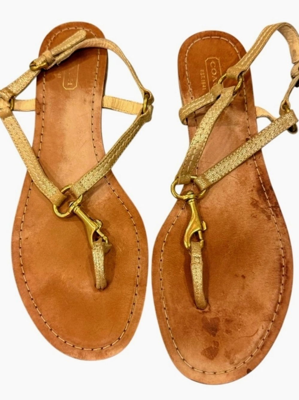Coach Gold Metallic Leather T-Strap Sandals